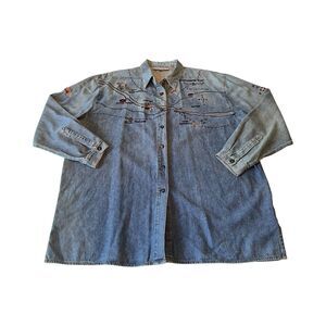 Vtg Northern Isles Womans 16w Denim Mountaineers Map Embroidered Button Up